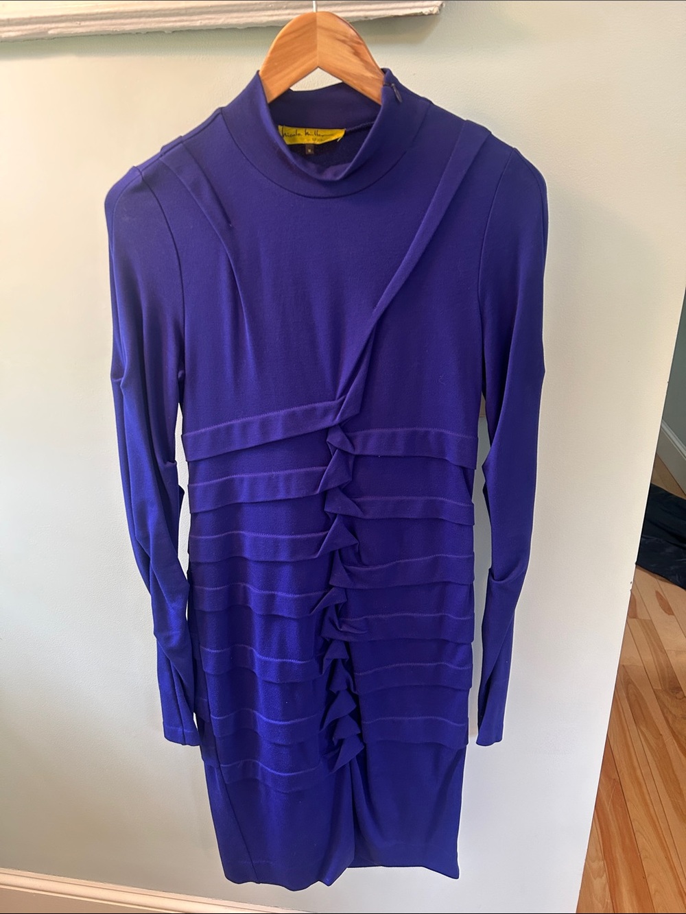 Nicole Miller Long Sleeve Royal Blue Pleated Bodycon Dress